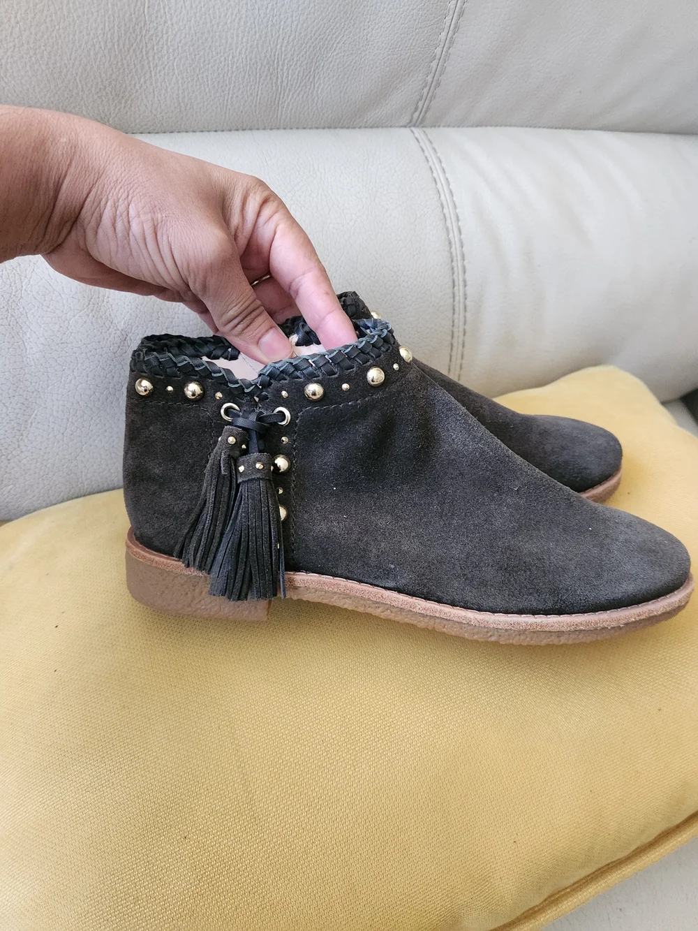kate spade Black Suede Ankle Booties with Braided Trim and Tassels